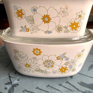 2 CORNING WARE OVENWARE W/ORIG LIDS- '60s- "FLORAL BOUQUET"- 1.5 QT & 2.5 QT